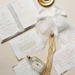 Wedding invitation suite with wax seal and ribbon