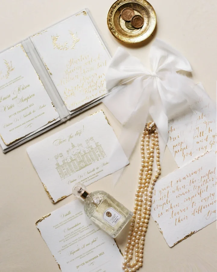 Wedding invitation suite with wax seal and ribbon